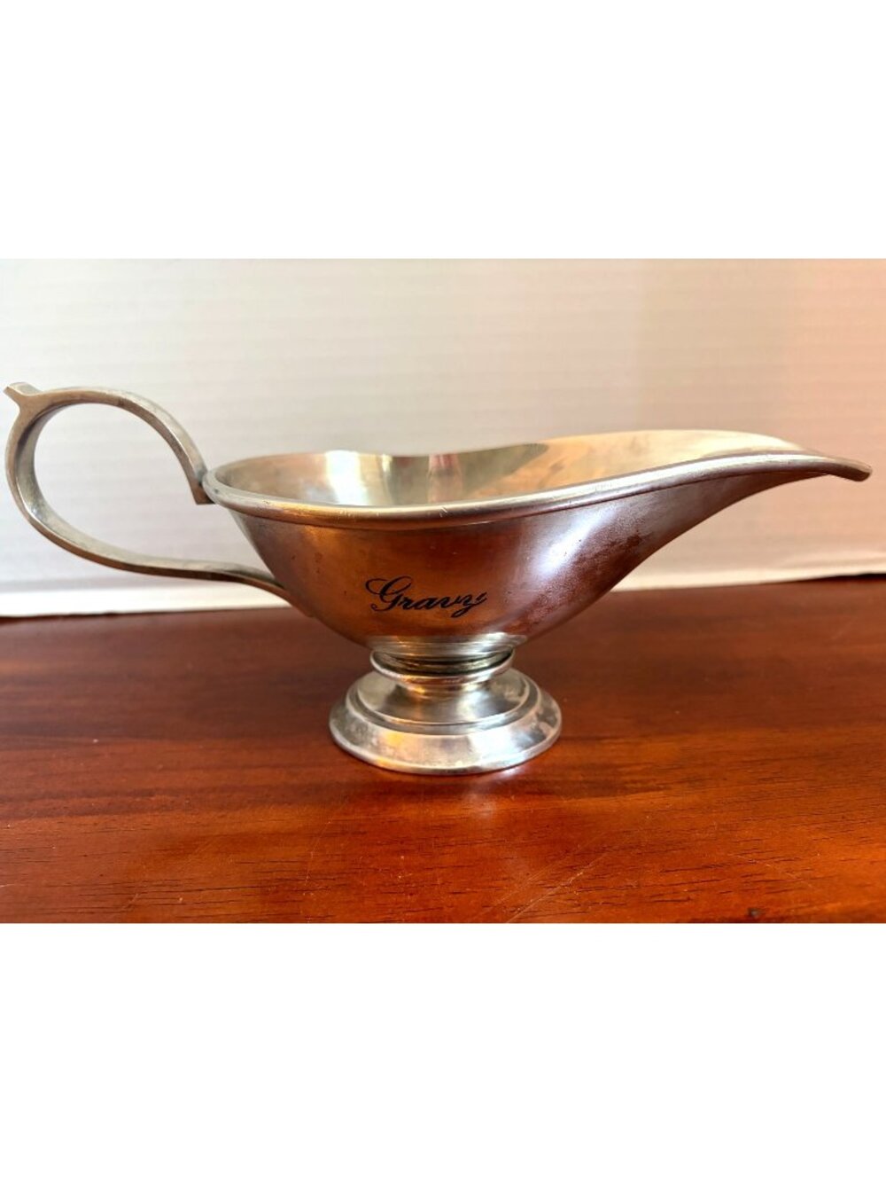 Vintage Pewter Look 10" Gravy Boat, Marked on Both Sides Have "Gravy" Embossed